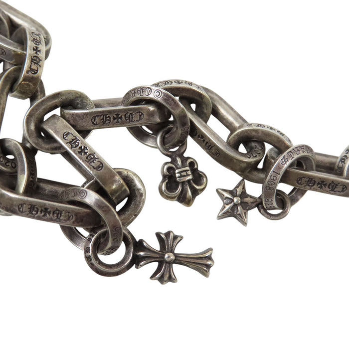 CHROME HEARTS 
PAPER E CHAIN ダガー BSフレア クロス CHプラス ハート シルバー 
ペーパー Eチェーン マルチモチーフ ネックレス 18インチ