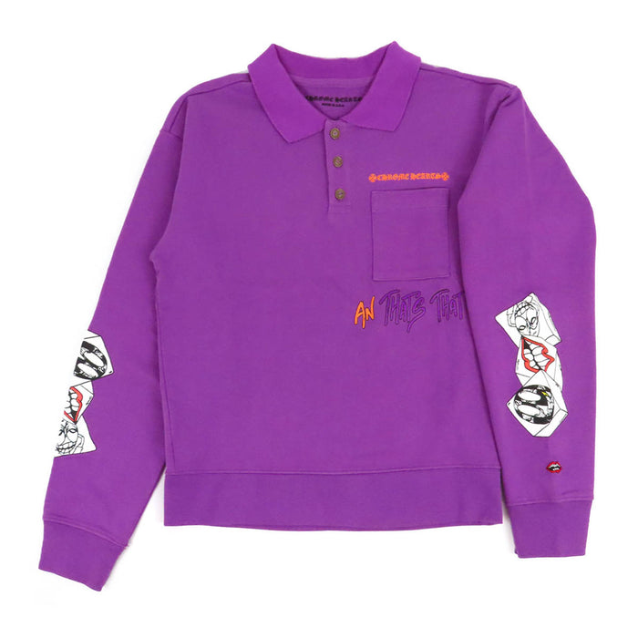 CHROME HEARTS  
Polo rugby en coton avec étiquette CH Scroll, collaboration Matty Boy  
Polo MATTY BOY IWANT MORE NOT LESSS