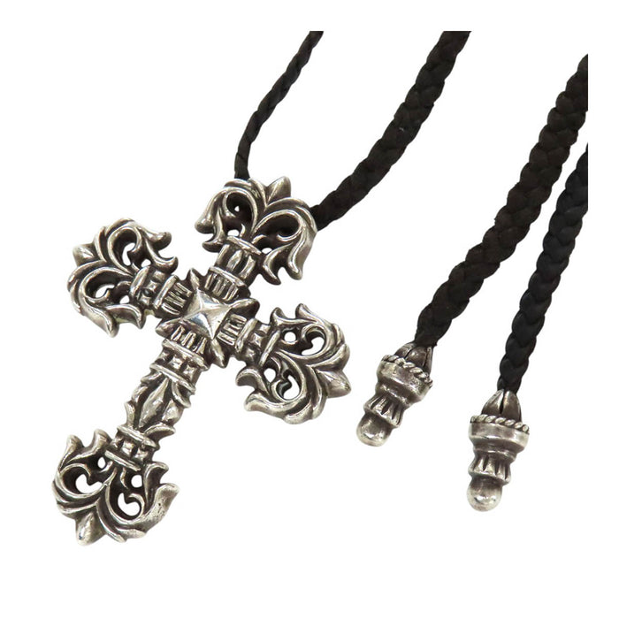 CHROME HEARTS 
CH FILIG CROSS-XSM LB Barillet Boro Chip 
Collier en cuir tressé Croix filigrane SM