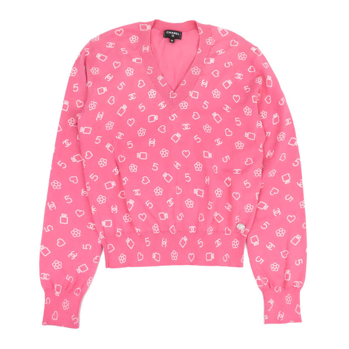 CHANEL 
COCO CC 総柄 カメリア コットン 
ココマーク アイコン Vネック ロングスリーブ ニット