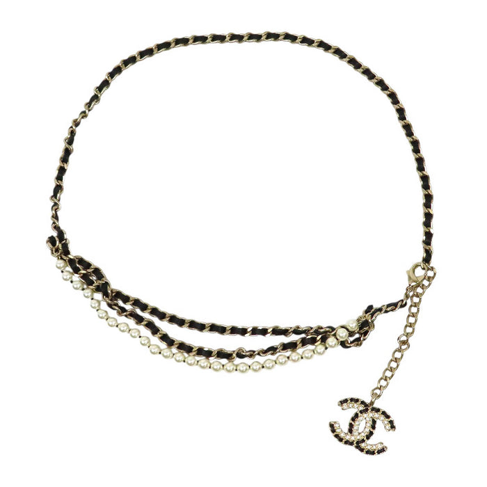 CHANEL 
COCO CC Logo Rhinestone B20C Light Gold-Colored Metal 
Coco Mark Costume Pearl Chain Belt