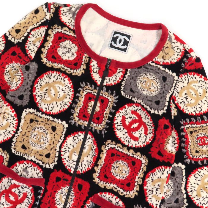 CHANEL 
COCO CC ロゴ カメリア 総柄 ノーカラー 09P 
ココマーク ベロア ジップアップ カーディガン 
スポーツライン