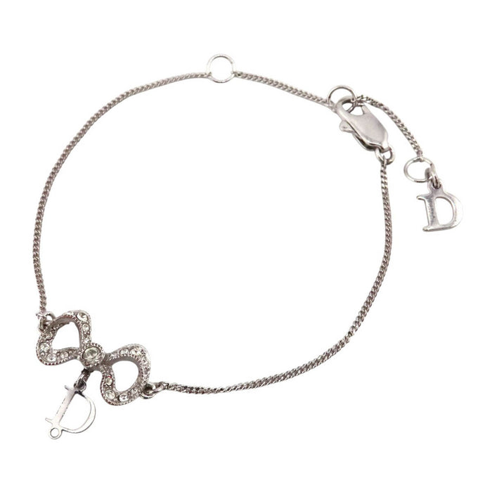 Dior Vintage Logo Silver-Colored Metal Ribbon Motif Rhinestone Bracelet
