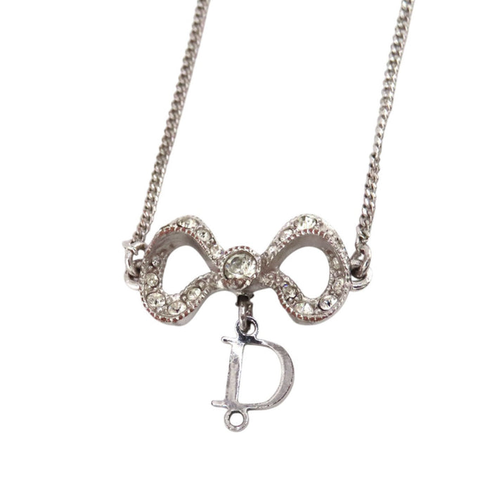 Dior Vintage Logo Silver-Colored Metal Ribbon Motif Rhinestone Bracelet