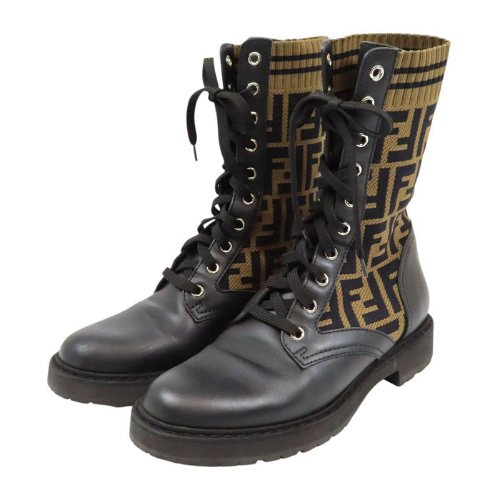 FENDI 
FF Lace-Up Stretch Knit Leather Combination 
Rococo Zucca Pattern Biker Boots