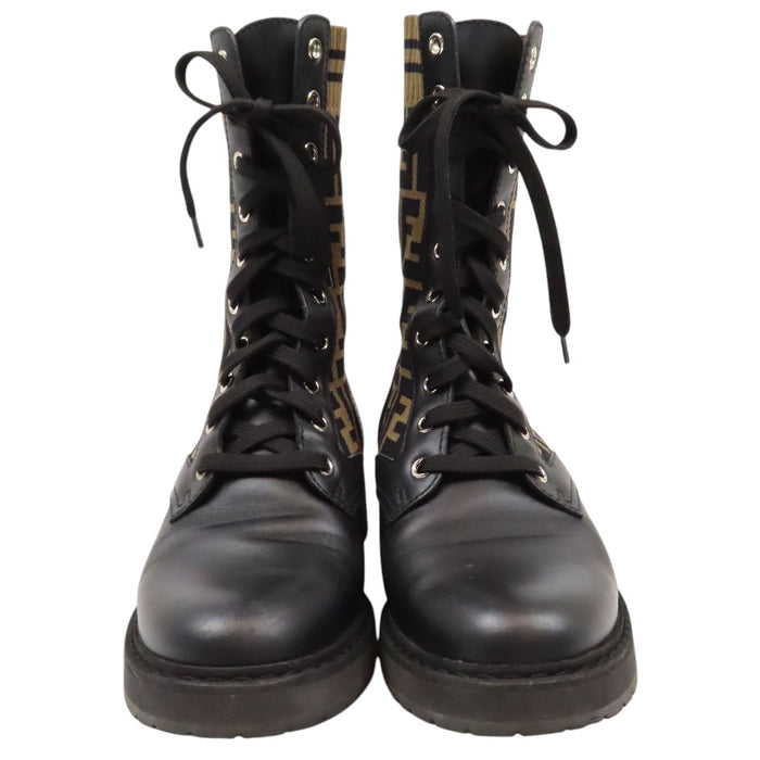 FENDI 
FF Lace-Up Stretch Knit Leather Combination 
Rococo Zucca Pattern Biker Boots