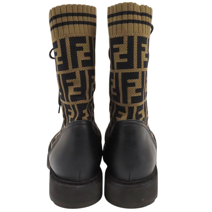 FENDI 
FF Lace-Up Stretch Knit Leather Combination 
Rococo Zucca Pattern Biker Boots