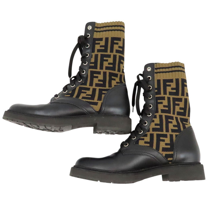 FENDI 
FF Lace-Up Stretch Knit Leather Combination 
Rococo Zucca Pattern Biker Boots
