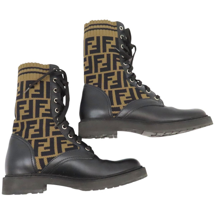 FENDI 
FF Lace-Up Stretch Knit Leather Combination 
Rococo Zucca Pattern Biker Boots