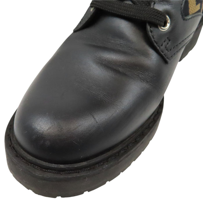 FENDI 
FF Lace-Up Stretch Knit Leather Combination 
Rococo Zucca Pattern Biker Boots
