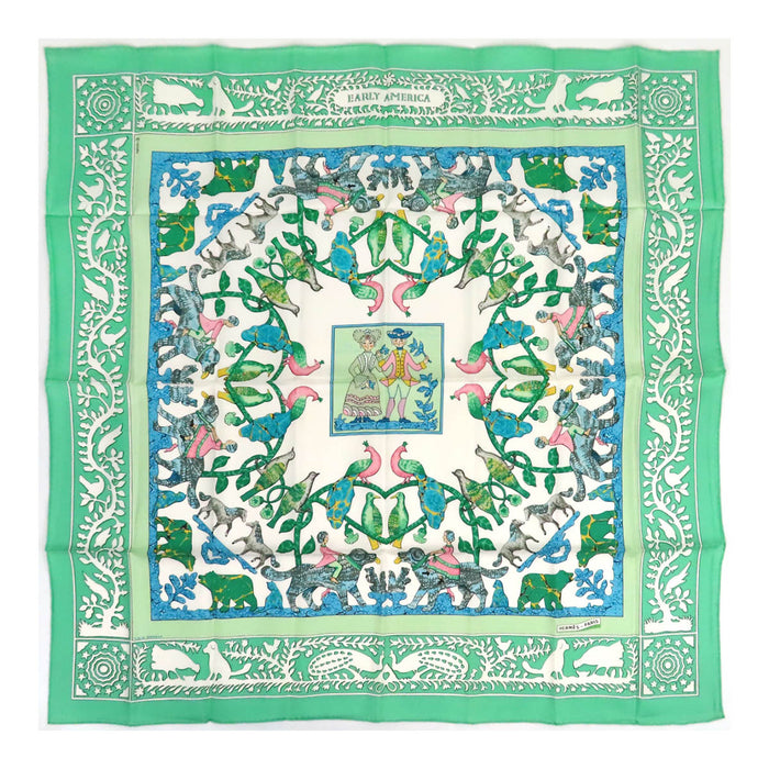 HERMES 
Foulard grand format en soie 
Carré 90 EARLY AMERICA Ancienne Amérique classique Foulard