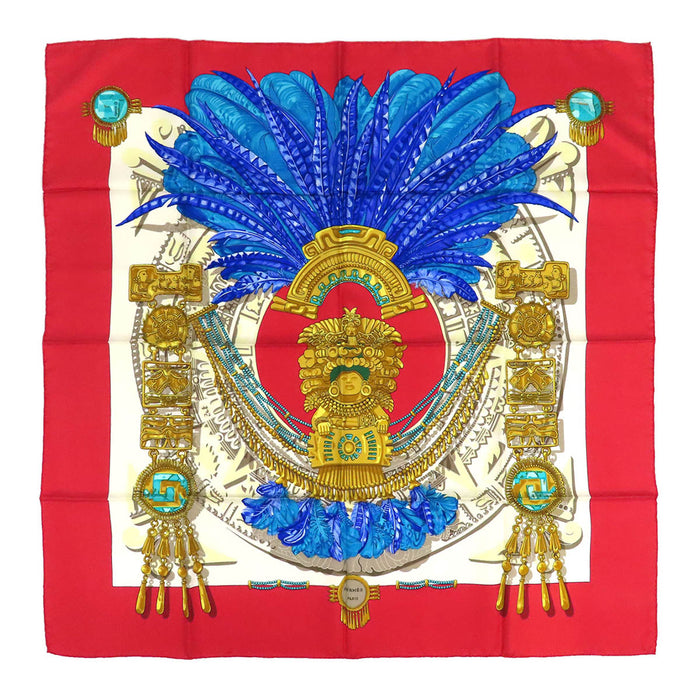 HERMES 
Foulard carré en soie grand format Inca statue bouddha 
Carré 90 MEXIQUE plumes foulard