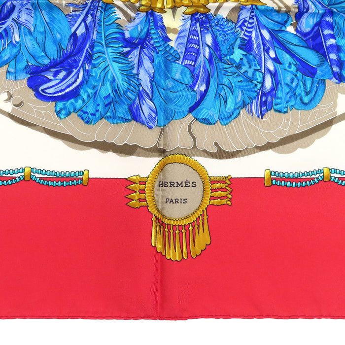 HERMES 
Foulard carré en soie grand format Inca statue bouddha 
Carré 90 MEXIQUE plumes foulard