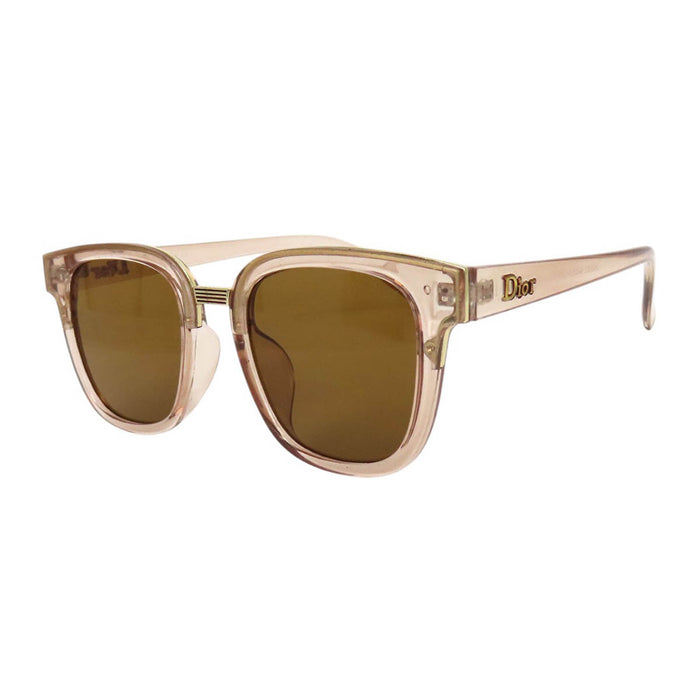Dior  
Verres colorés, monture dorée, rose clair  
Lunettes de soleil carrées avec logo