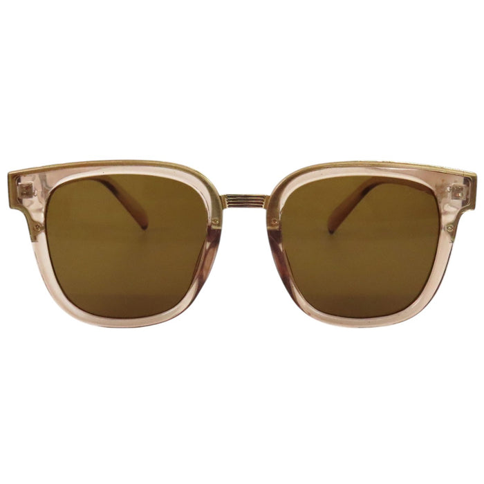 Dior  
Verres colorés, monture dorée, rose clair  
Lunettes de soleil carrées avec logo