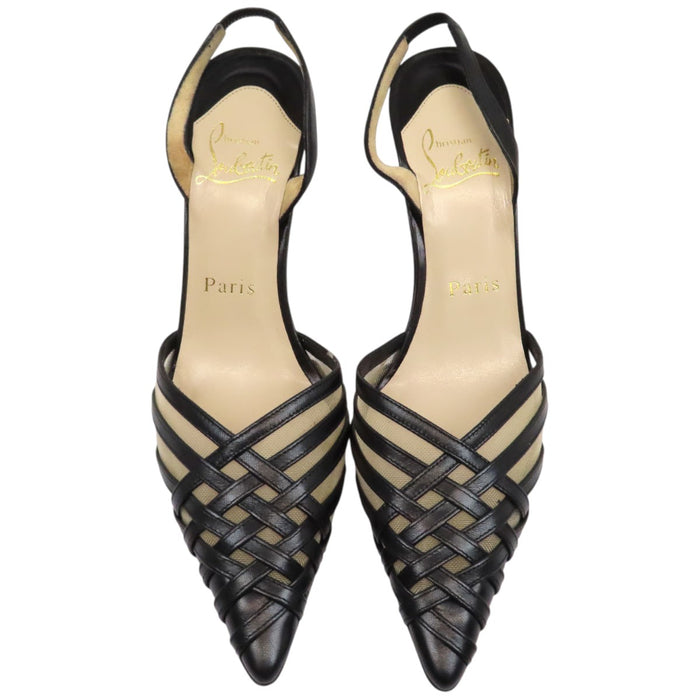 Christian Louboutin 
スリングバック レザー メッシュ 
クロス編み ハイヒール パンプス