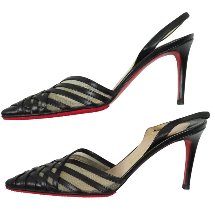 Christian Louboutin 
スリングバック レザー メッシュ 
クロス編み ハイヒール パンプス