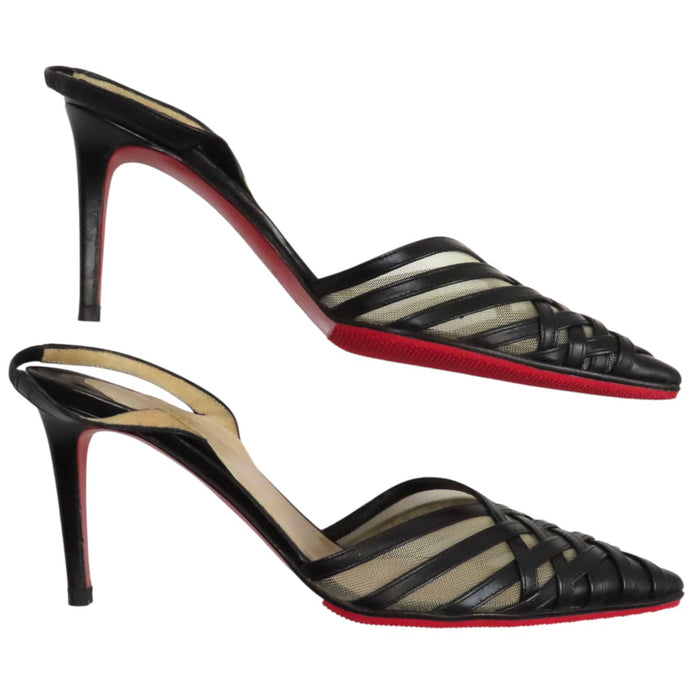 Christian Louboutin 
スリングバック レザー メッシュ 
クロス編み ハイヒール パンプス