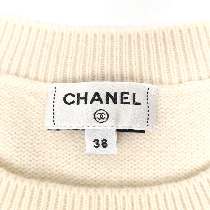 CHANEL COCO CC Cashmere Border Pullover Coco Mark Crew Neck Knit