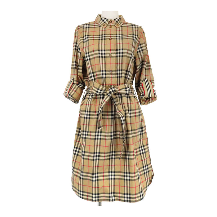 BURBERRY 
総柄 ロゴボタン コットン ベルト付き 
ノバチェック ワンピース