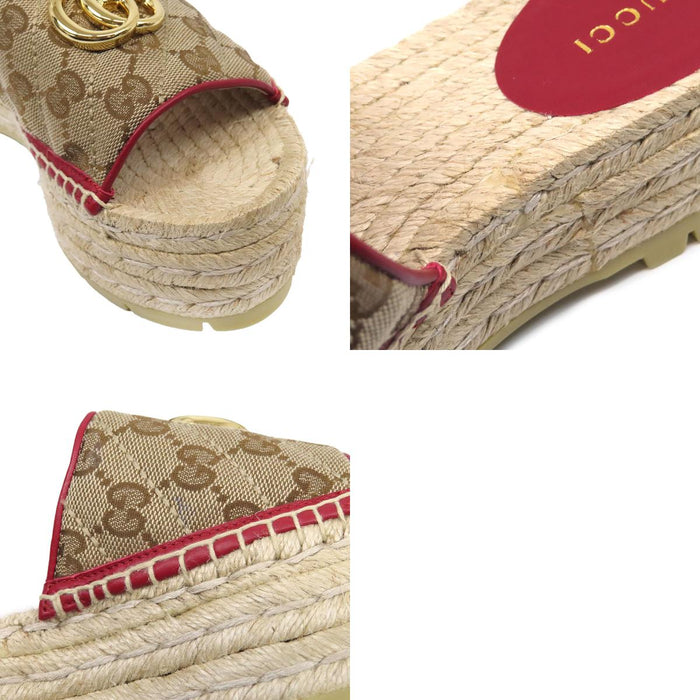 GUCCI 
Sandales plateforme en cuir avec logo et métal couleur or 
Espadrilles GG toile