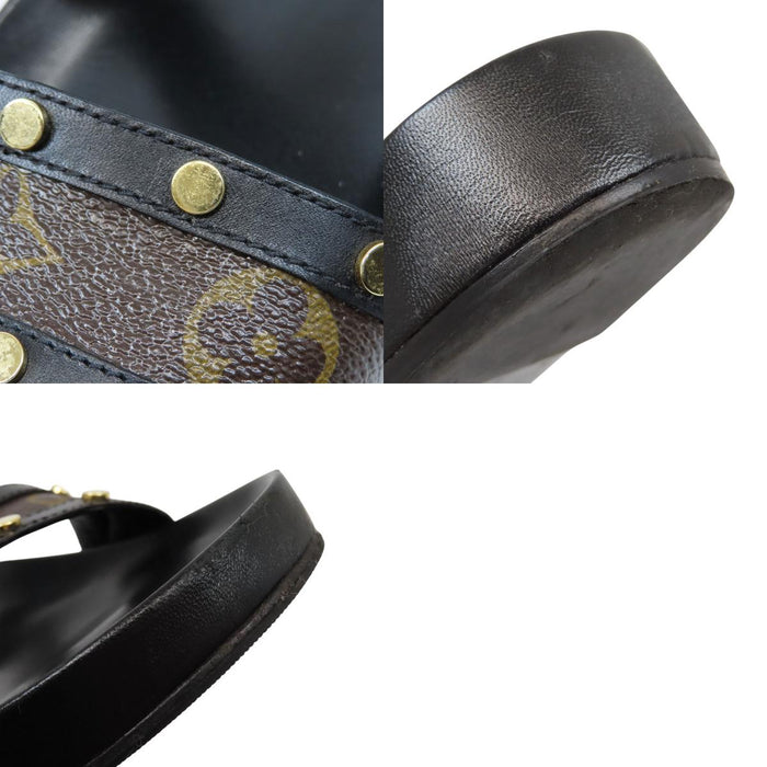 LOUIS VUITTON 
LV ロゴ フラット サンダル ゴールドカラーメタル 
モノグラム スタッズ レザー ミュール