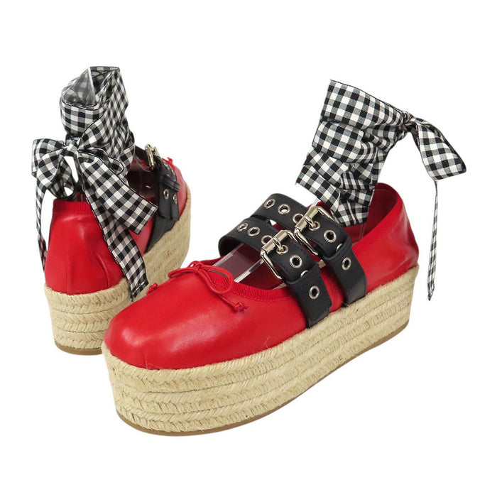 MIUMIU 
レザー 厚底 レースアップ 
アンクルリボン付き エスパドリーユ