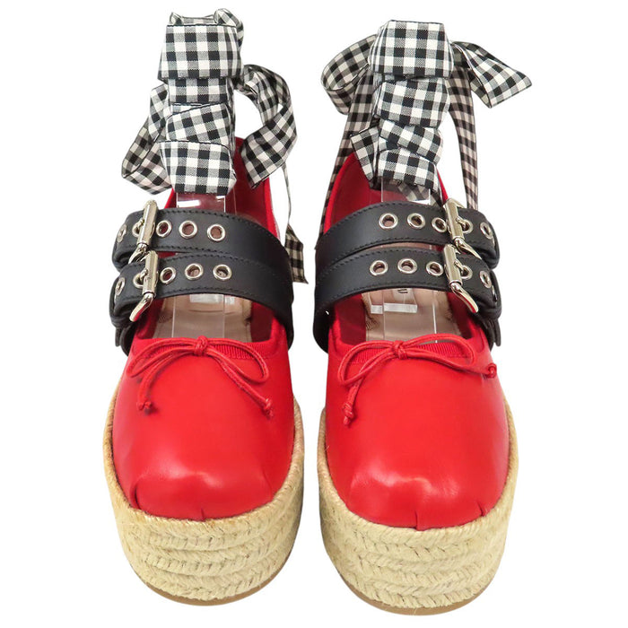 MIUMIU 
レザー 厚底 レースアップ 
アンクルリボン付き エスパドリーユ