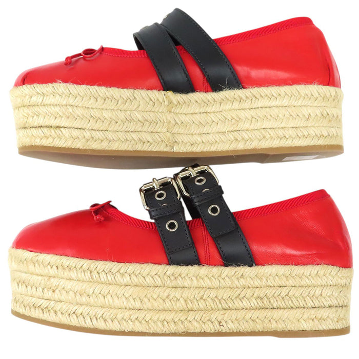 MIUMIU 
レザー 厚底 レースアップ 
アンクルリボン付き エスパドリーユ