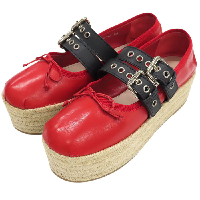 MIUMIU 
レザー 厚底 レースアップ 
アンクルリボン付き エスパドリーユ