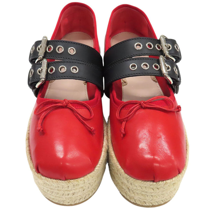 MIUMIU 
レザー 厚底 レースアップ 
アンクルリボン付き エスパドリーユ