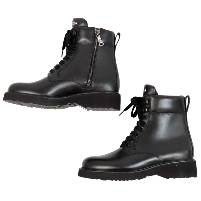 PRADA 
ロゴ サイドジップ レースアップ 
ロゴ レザー ショートブーツ