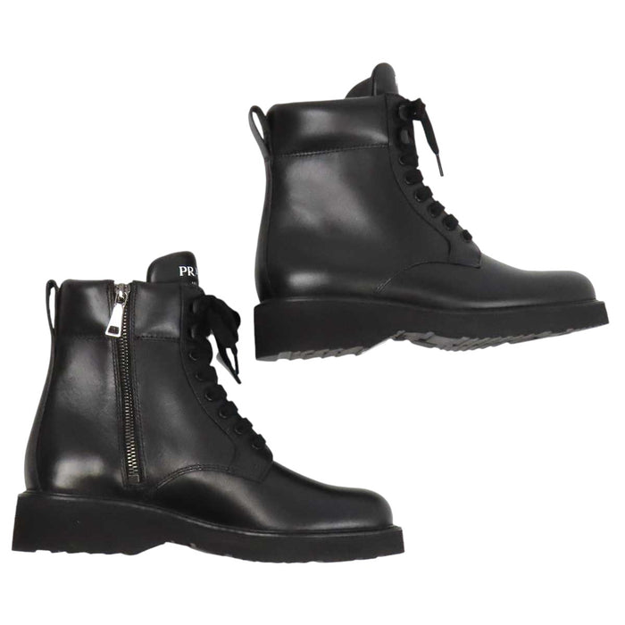 PRADA 
ロゴ サイドジップ レースアップ 
ロゴ レザー ショートブーツ