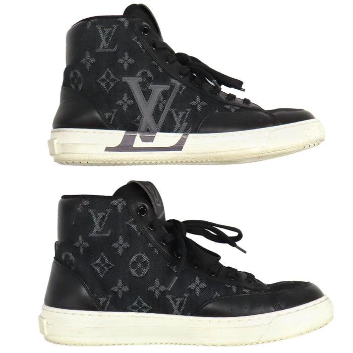 LOUIS VUITTON 
LV ロゴ 総柄 デニム レザー 
チャーリー ライン モノグラム ハイカット スニーカー