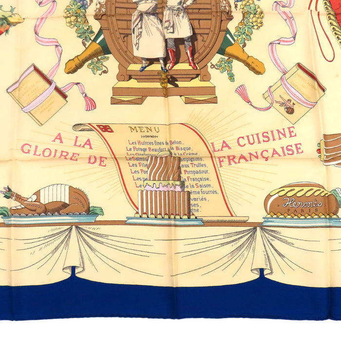 HERMES 
シルク 大判 
カレ 90 フランス料理を讃えて スカーフ 
A LA GLOIRE DE LA CUISINE FRANCAISE