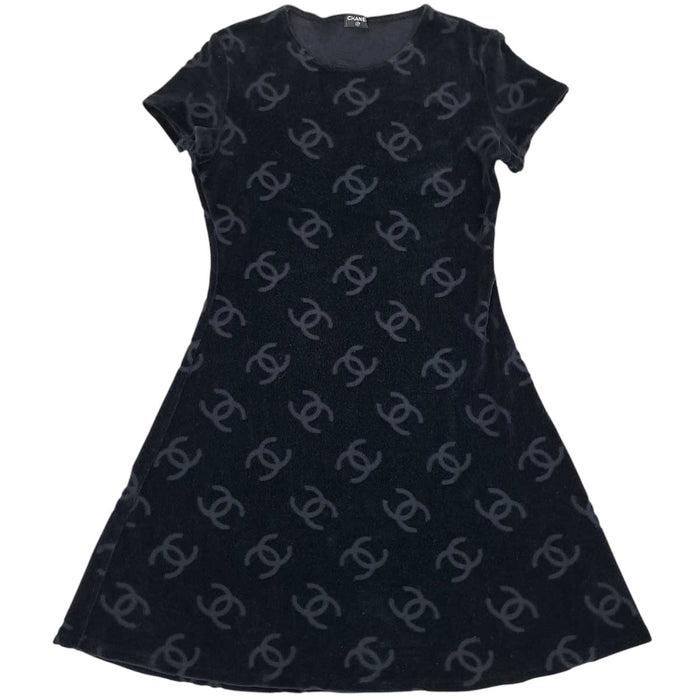 CHANEL 
総柄 ショートスリーブ 
ココマーク ベロア ワンピース