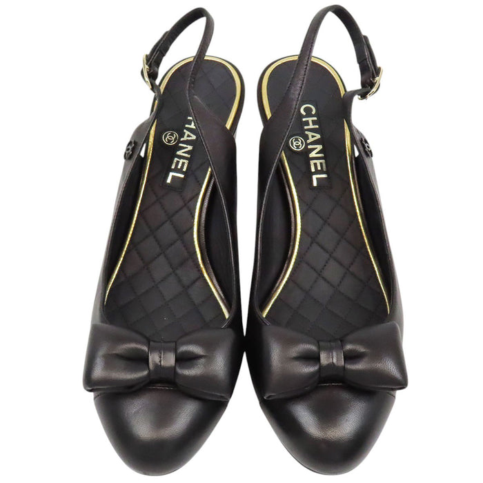 CHANEL 
COCO CC ロゴ リボン レザー 
ココマーク スリングバック パンプス