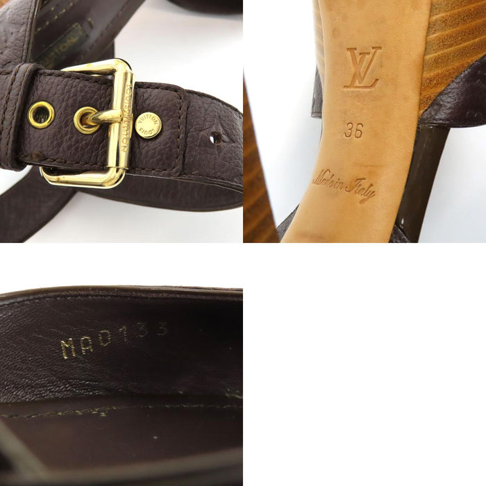 LOUIS VUITTON 
LV ロゴ 総柄 レザー ストラップ オープントゥ 
モノグラム レザー ハイヒール サンダル