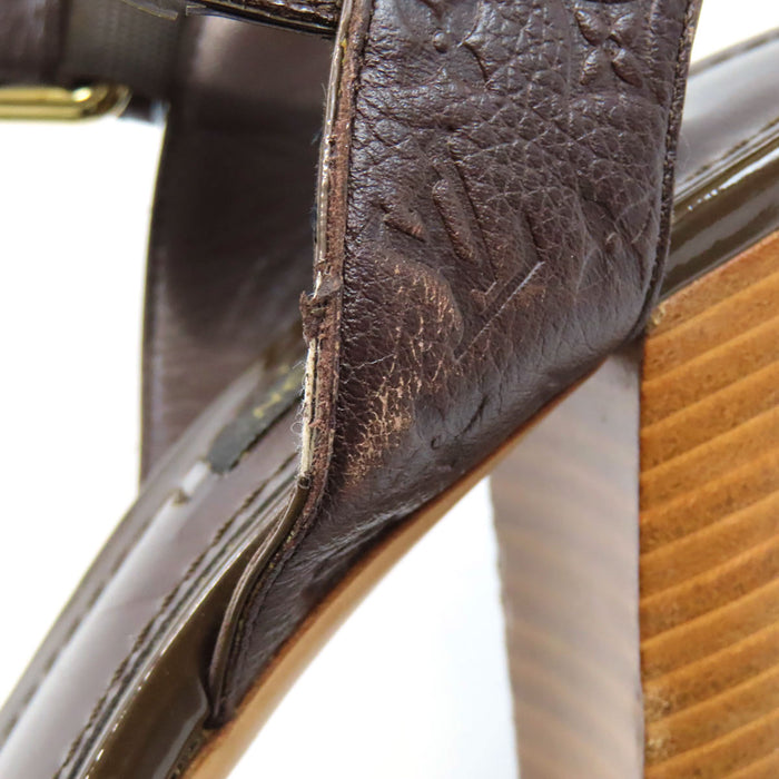 LOUIS VUITTON 
LV ロゴ 総柄 レザー ストラップ オープントゥ 
モノグラム レザー ハイヒール サンダル