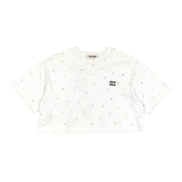 MIUMIU 
ラインストーン コットン 
ロゴ 刺繍 クロップド Tシャツ