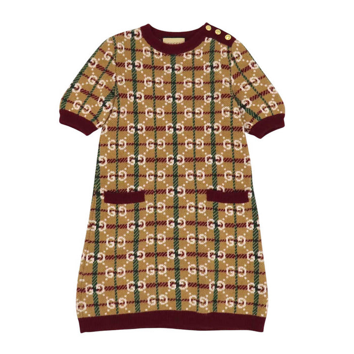 GUCCI 
ウール ショートスリーブ 
GG ジャカード チェック柄 ニット ワンピース