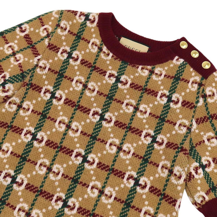 GUCCI 
ウール ショートスリーブ 
GG ジャカード チェック柄 ニット ワンピース