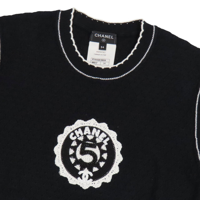 CHANEL 
COCO CC ロゴ 5 コットン ビーズ スパンコール 刺繍 
ココマーク ショートスリーブ ニット