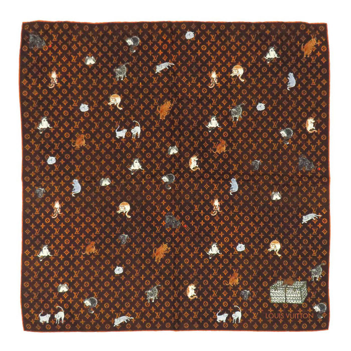LOUIS VUITTON 
LV ロゴ 総柄 カレ シルク 大判 アニマル 猫 犬 
キャットグラム ショール 
モノグラム