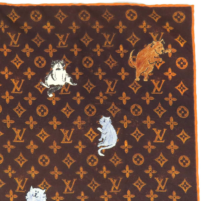 LOUIS VUITTON 
LV ロゴ 総柄 カレ シルク 大判 アニマル 猫 犬 
キャットグラム ショール 
モノグラム