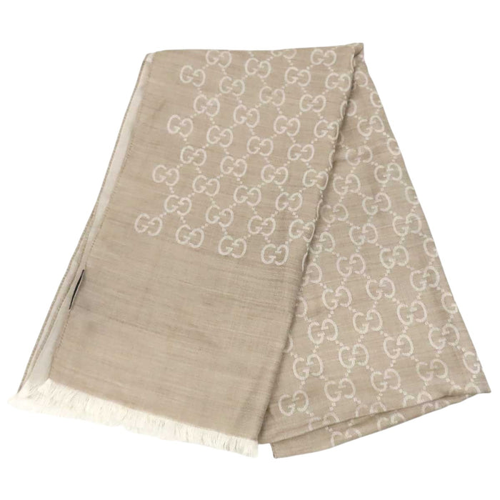 GUCCI 
ロゴ 総柄 フリンジ ウール シルク混 
GG ストール