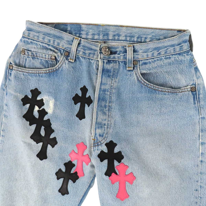 CHROME HEARTS 
LEVI'S CH クロスボール ボタン ホースシュー コットン レザー 
リーバイス クロスパッチ デニムパンツ