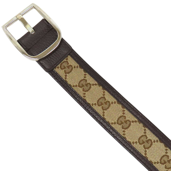GUCCI 
総柄 ロゴ シルバーカラーメタル 
GG キャンバス レザー ベルト