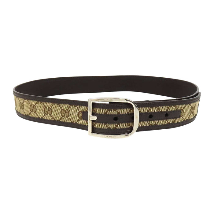 GUCCI 
総柄 ロゴ シルバーカラーメタル 
GG キャンバス レザー ベルト