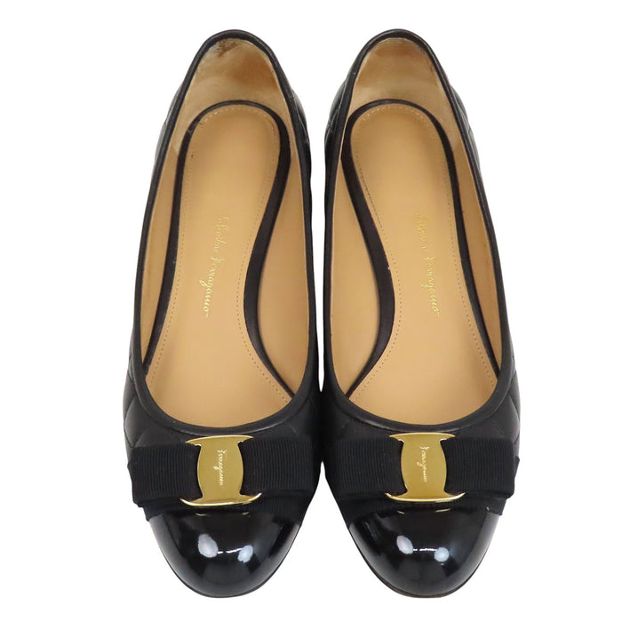 Salvatore Ferragamo 
Logo leather patent 
Vara ribbon quilted pumps